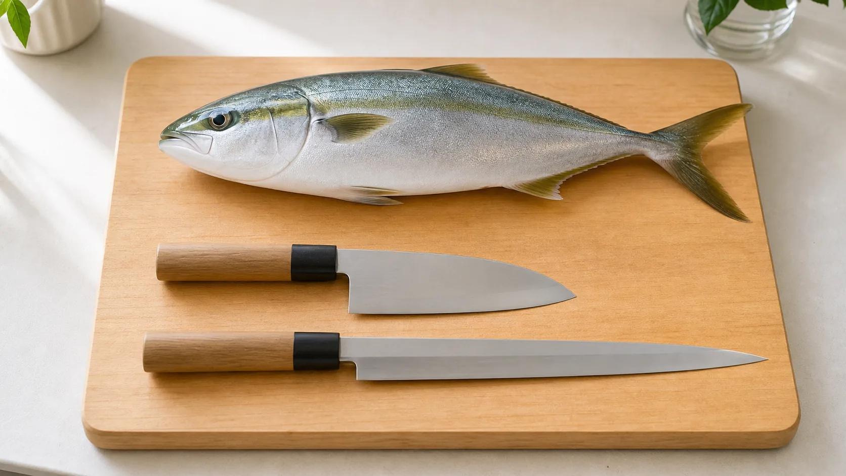 出刃包丁と柳刃包丁を一尾の魚とともに並べた魚用の2本目イメージ写真
