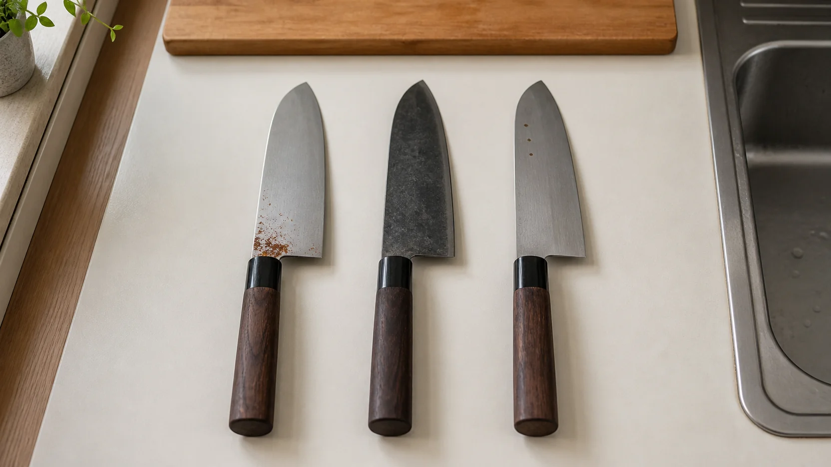 赤サビ・黒サビ・もらいサビの3種類を並べた包丁の比較