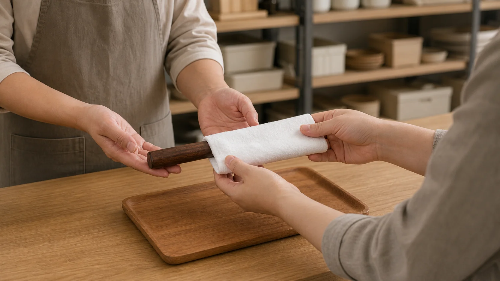 ホームセンターの包丁研ぎ受付カウンターで店員に包丁を渡すシーン