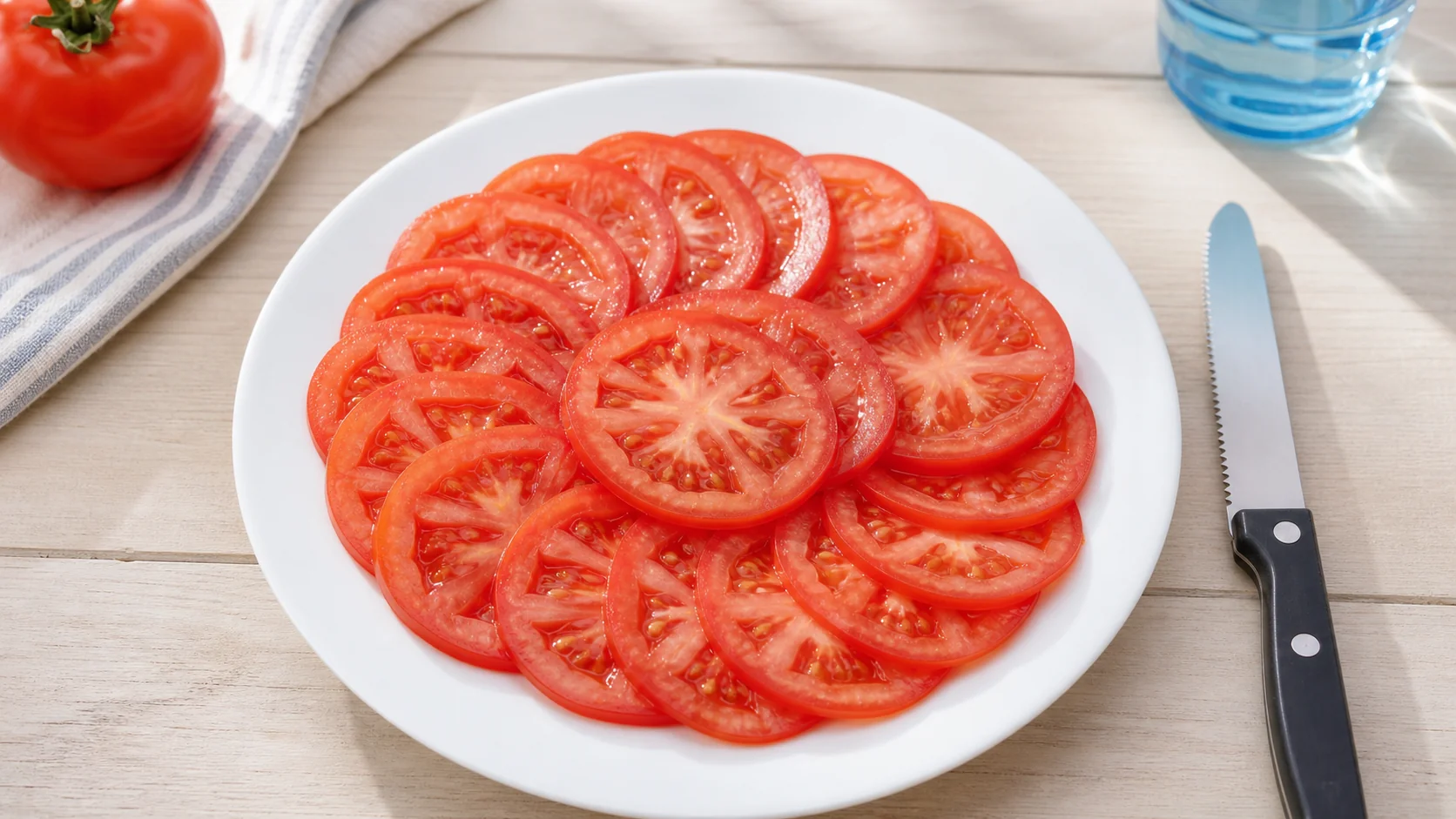 きれいにスライスできたトマトを皿に盛り付けた様子