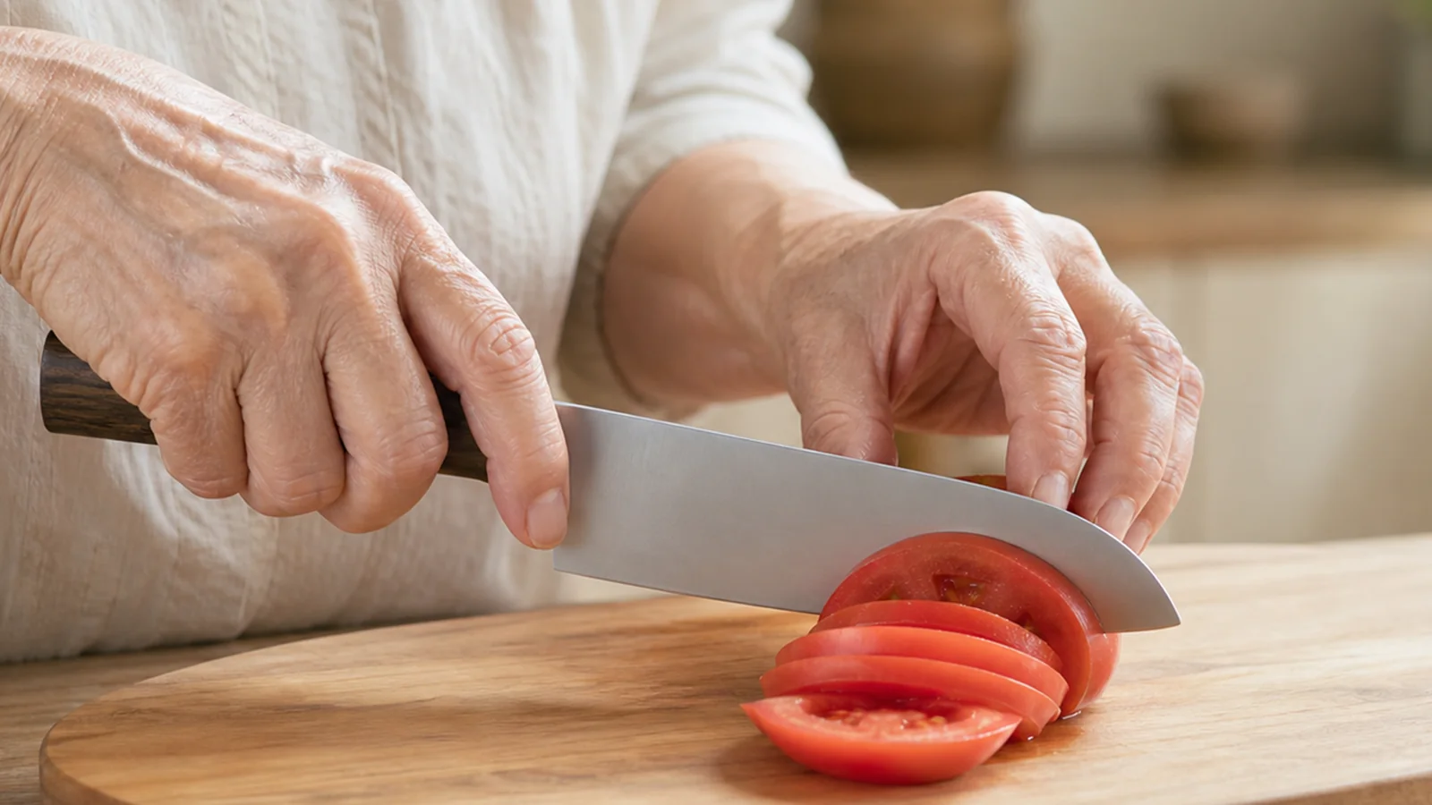 敬老の日に贈った包丁を80代の母が梨地仕上げの刃身でゆっくり使うキッチンの俯瞰イメージ