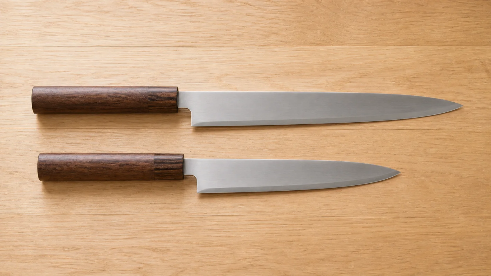 刃渡り210mmと240mmの柳刃を並べた家庭キッチンの比較