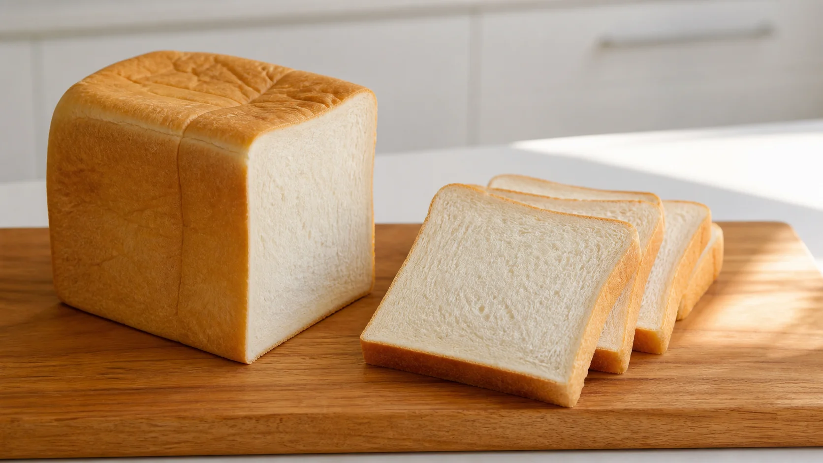 まな板の上に置かれた食パンと家庭用の三徳包丁