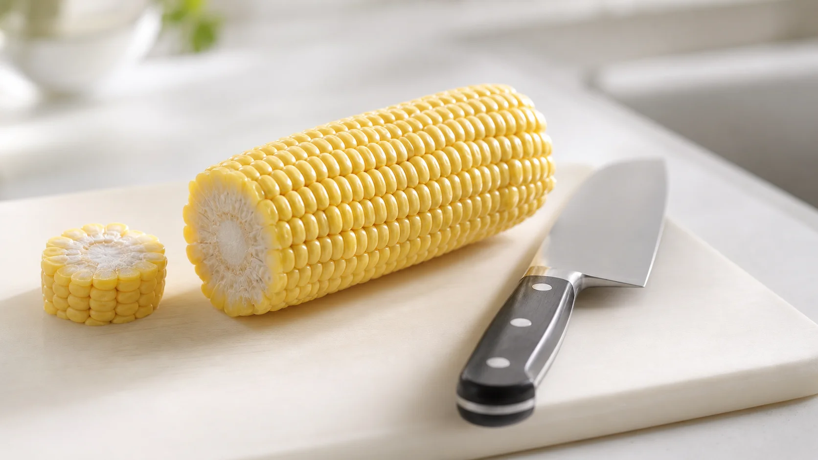 まな板の上に置かれた生のとうもろこしと三徳包丁