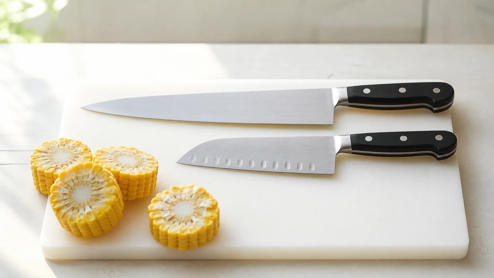 とうもろこしを輪切りにするための牛刀と三徳包丁