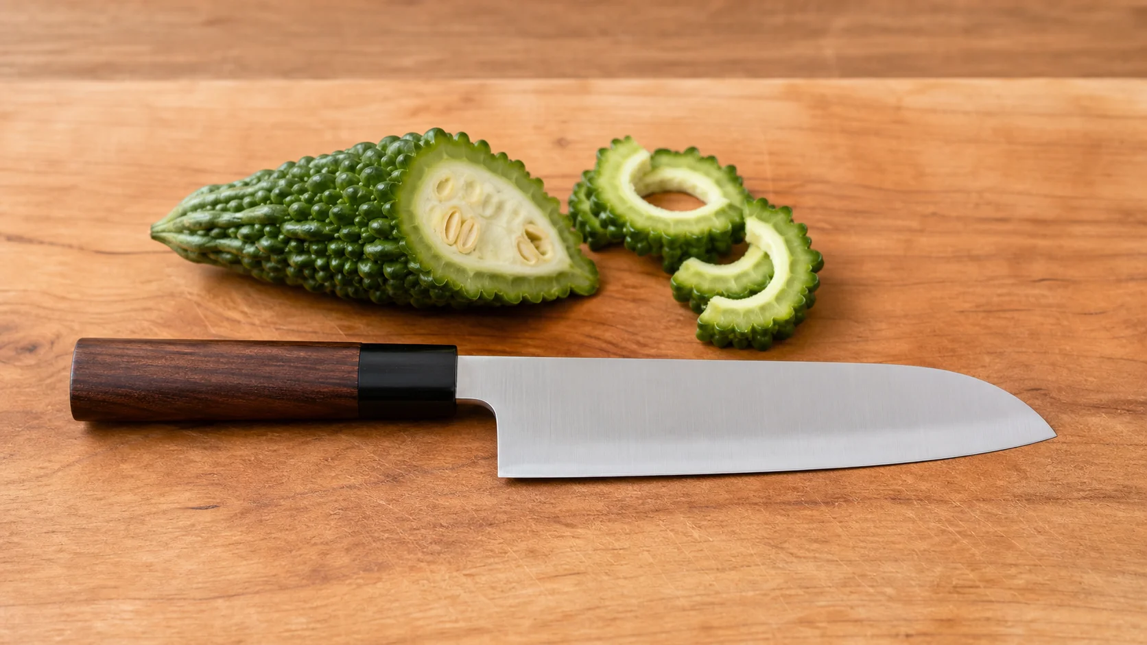 三徳包丁とカットしたゴーヤを並べた静物