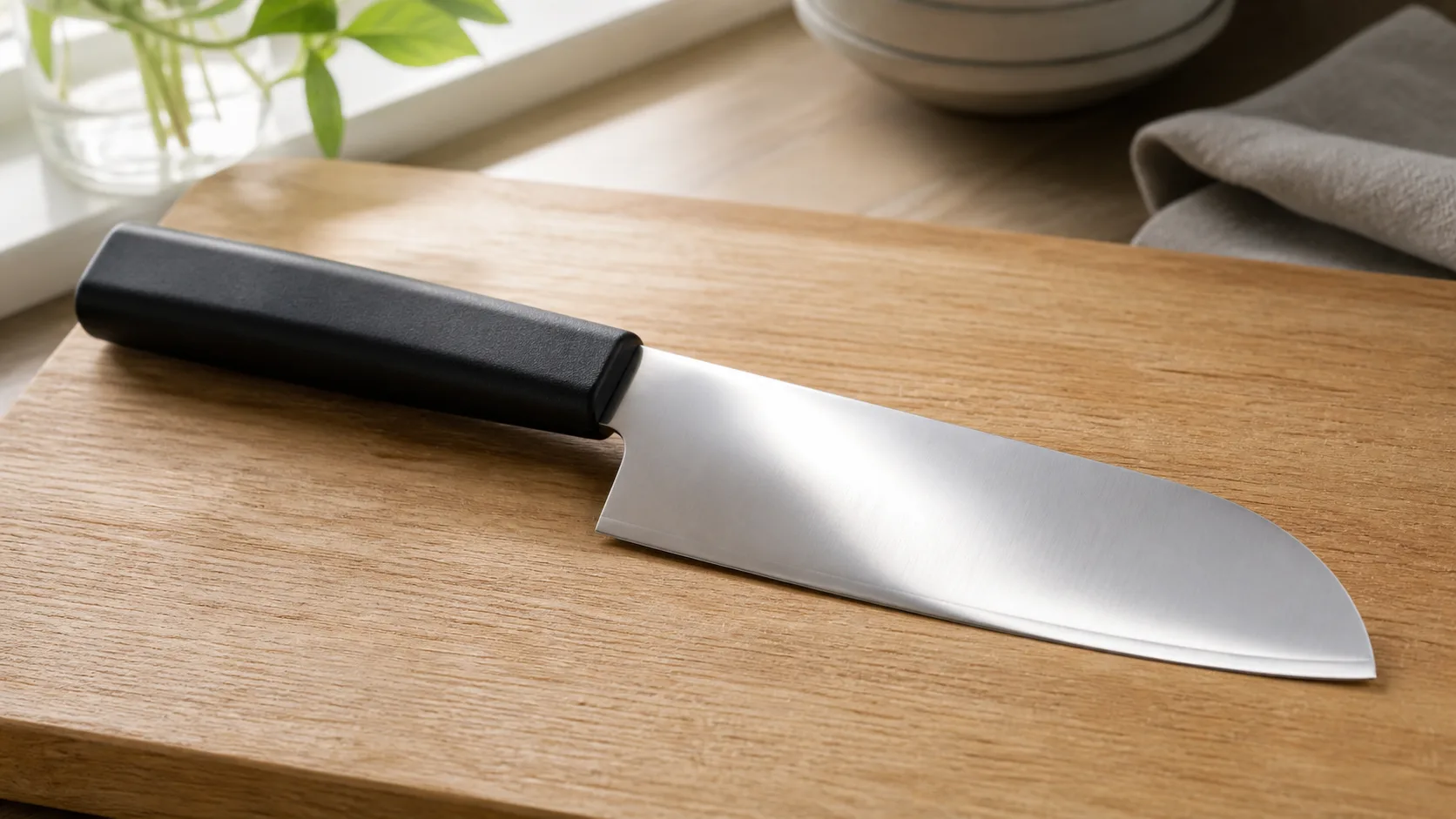 木のまな板の上に置いた三徳包丁の刃を窓からの自然光が照らしている静物