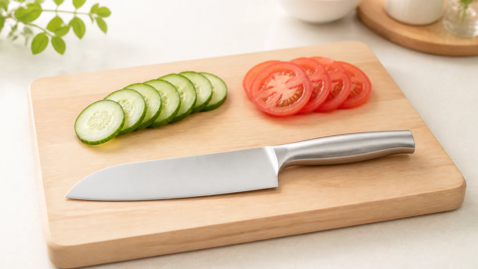 軽い包丁を片手で持って野菜を切る、手首に負担の少ない調理シーンのイメージ
