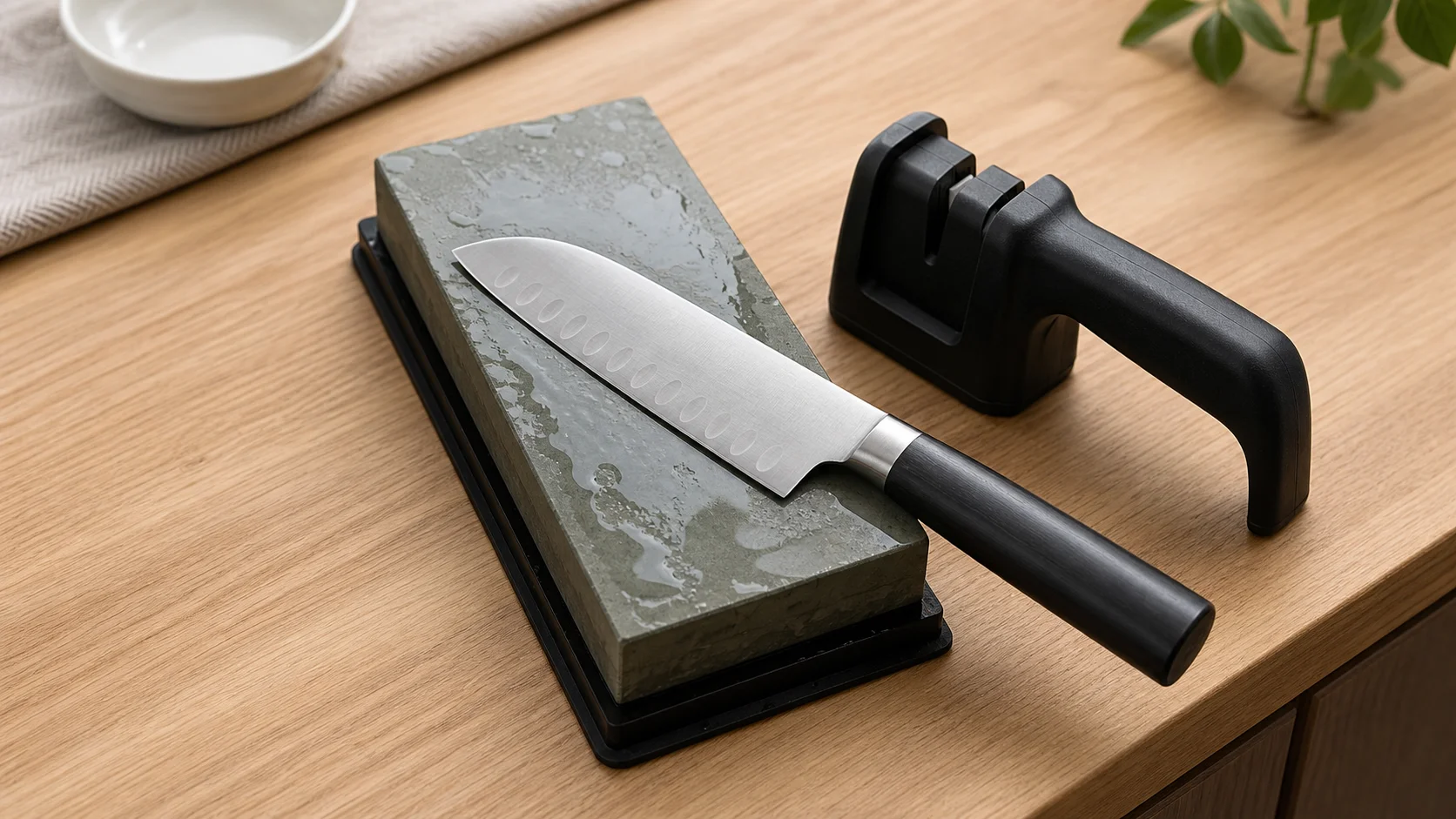 砥石と包丁が並んだキッチンの静物写真。砥石を併用して包丁を長持ちさせるイメージ