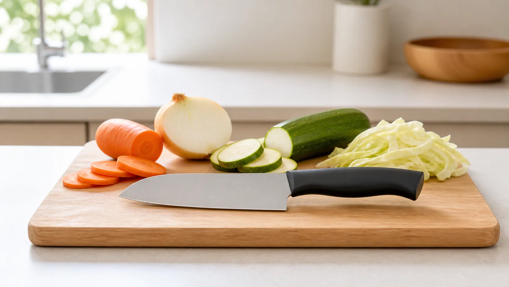 まな板の上で野菜を切りながら手首をさすっている、包丁で手が疲れた様子