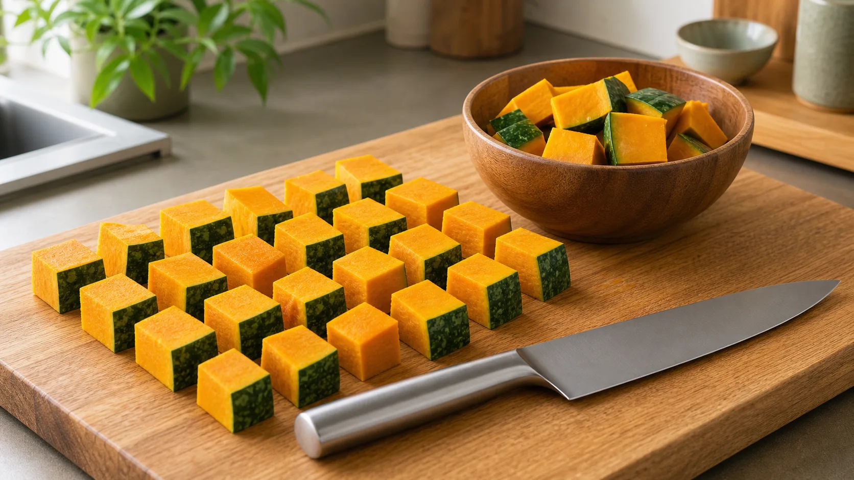食べやすい大きさに切り分けられたかぼちゃの角切りと包丁を並べた静物写真