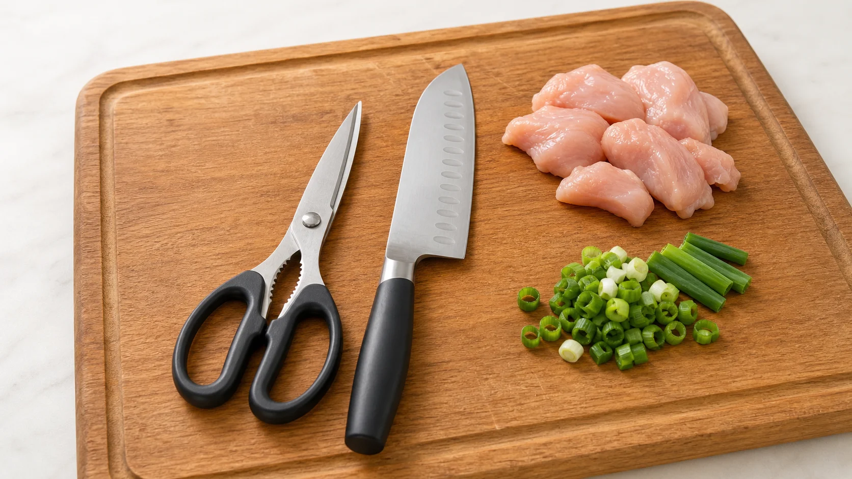 キッチンばさみと三徳包丁を組み合わせて一人暮らしの調理を進めるイメージ
