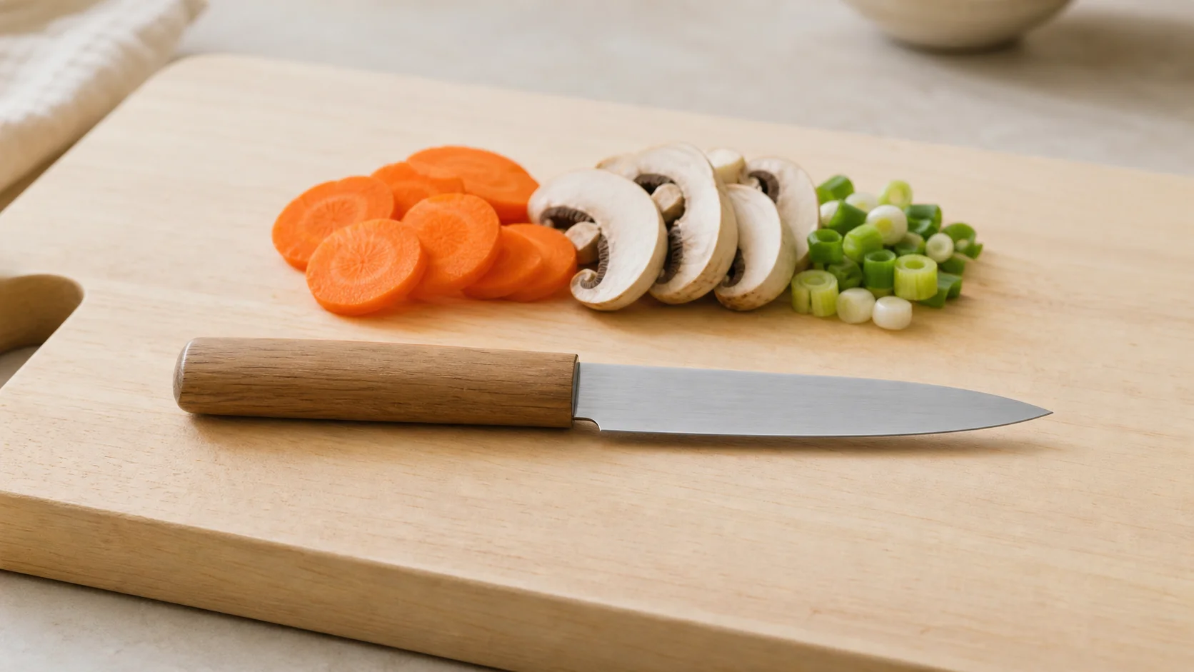 ペティナイフとスライスした野菜をまな板の上に並べた場面。ペティで野菜を切る日常の一例。