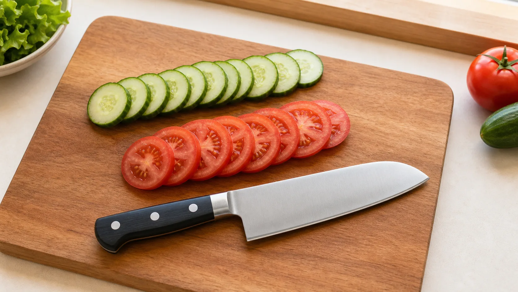 木のまな板の上の三徳包丁と切り分けた野菜の静物写真