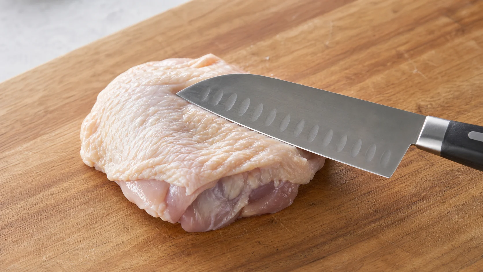 鶏皮に刃を当てた様子