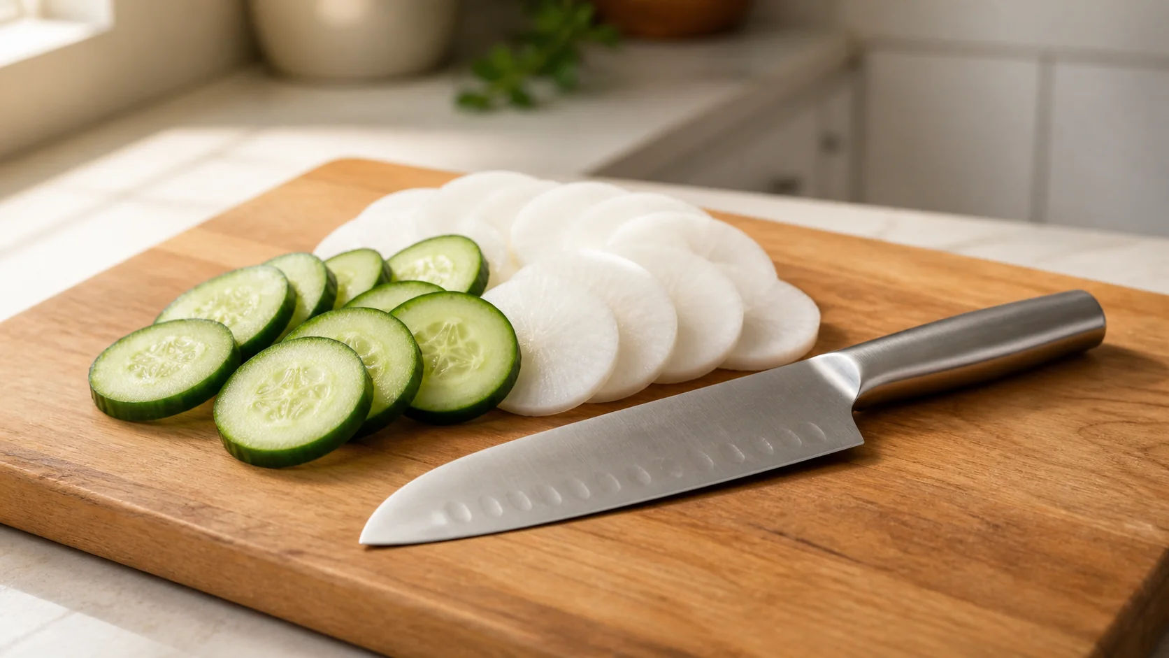 まな板の上に置かれた両刃の三徳包丁とカットした野菜を並べた静物写真