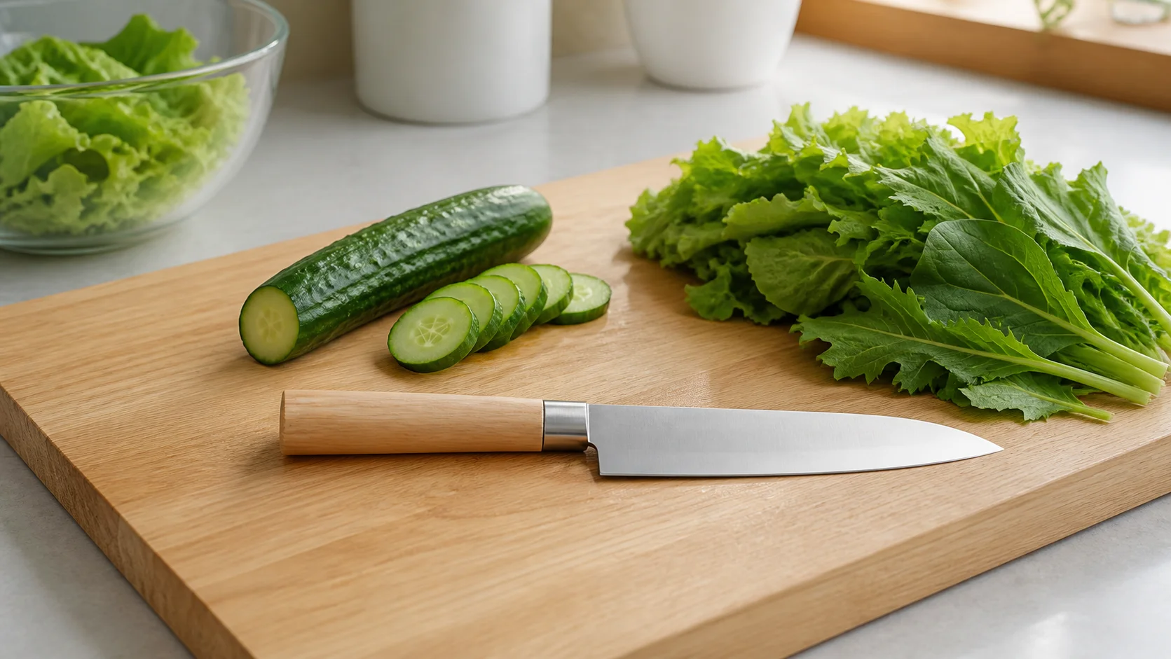 きゅうりやねぎなど練習に適した野菜と包丁