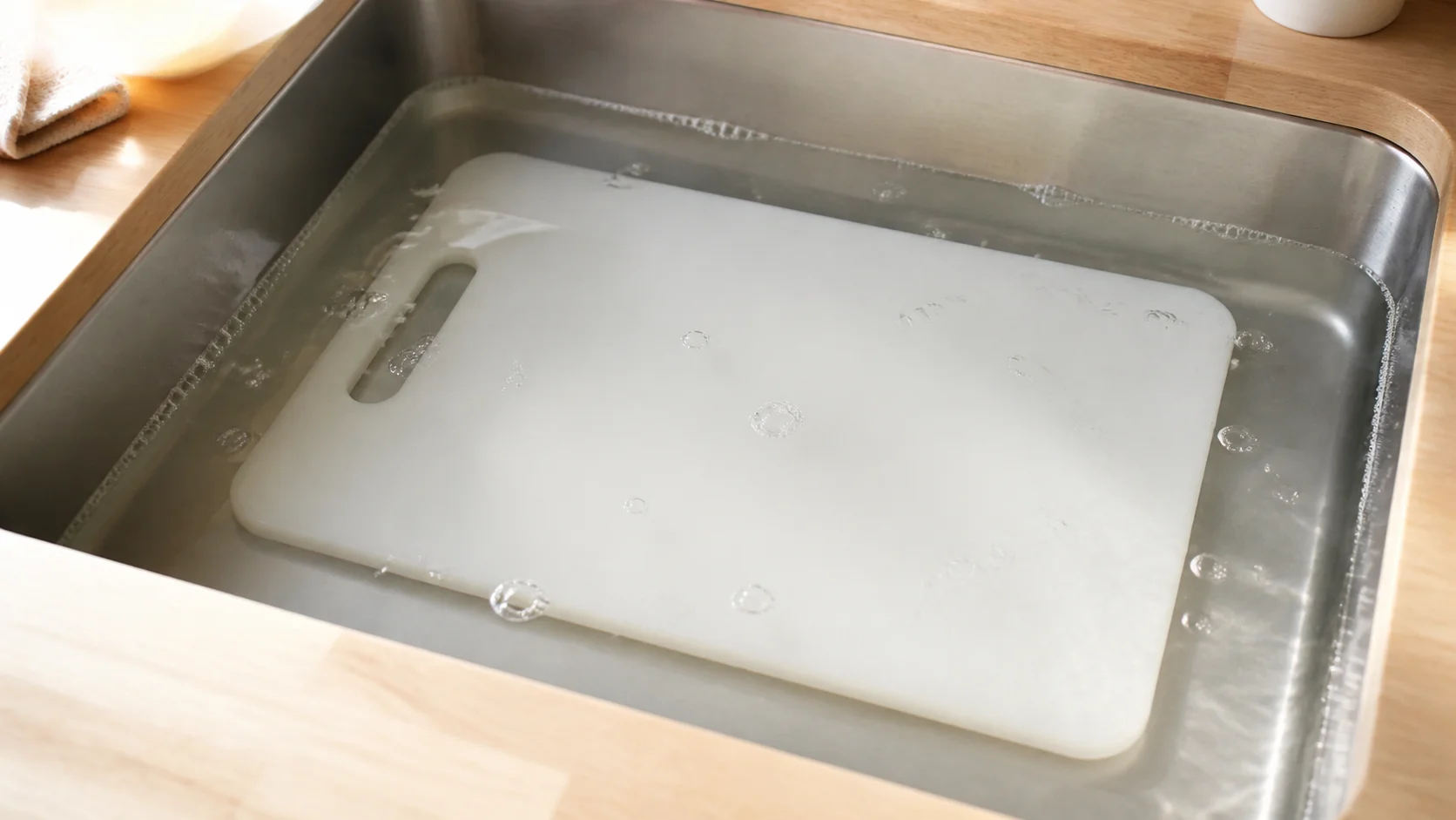 洗い桶で薄めた漂白液にプラスチックまな板をつけおきしている様子