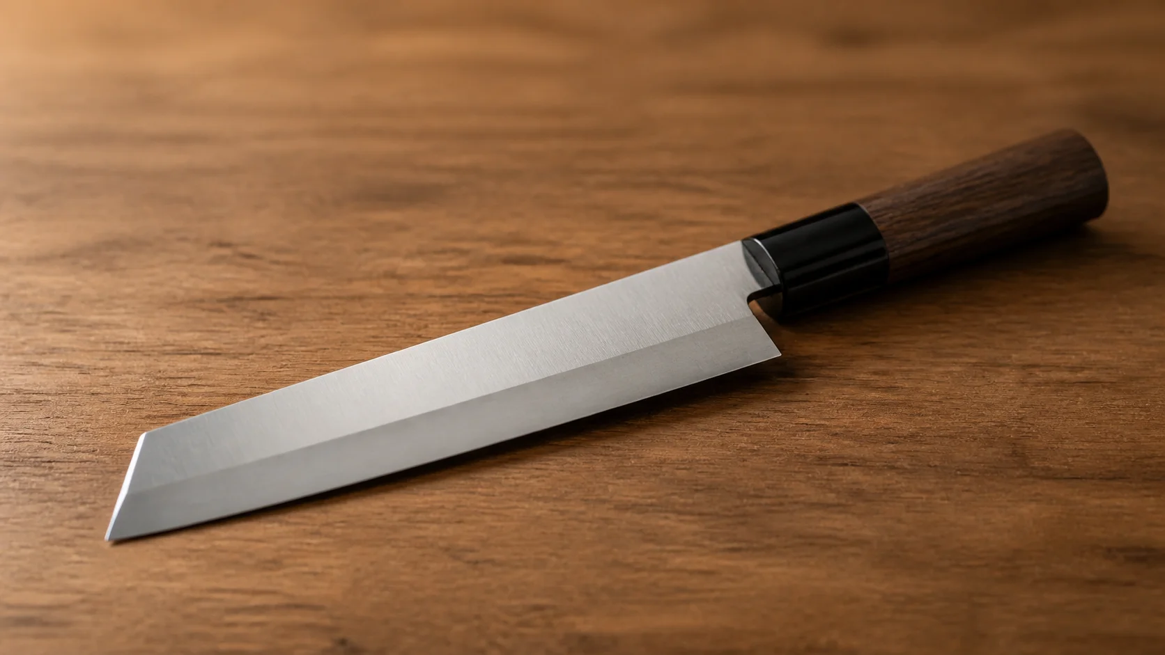 片刃の和包丁の刃の断面が分かる角度で置いた静物
