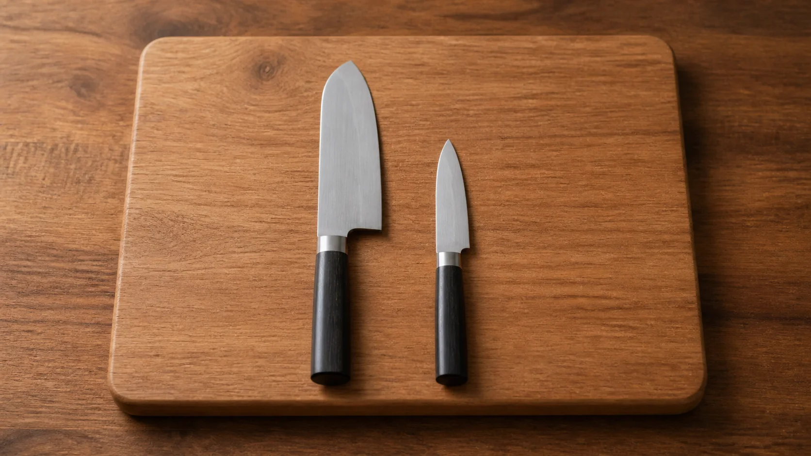 家庭で使う三徳包丁とペティナイフの2本だけをまな板に置いた様子